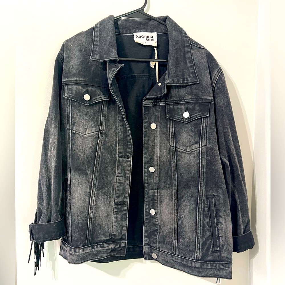 Savanna Jane oversized black denim jacket with fringe
